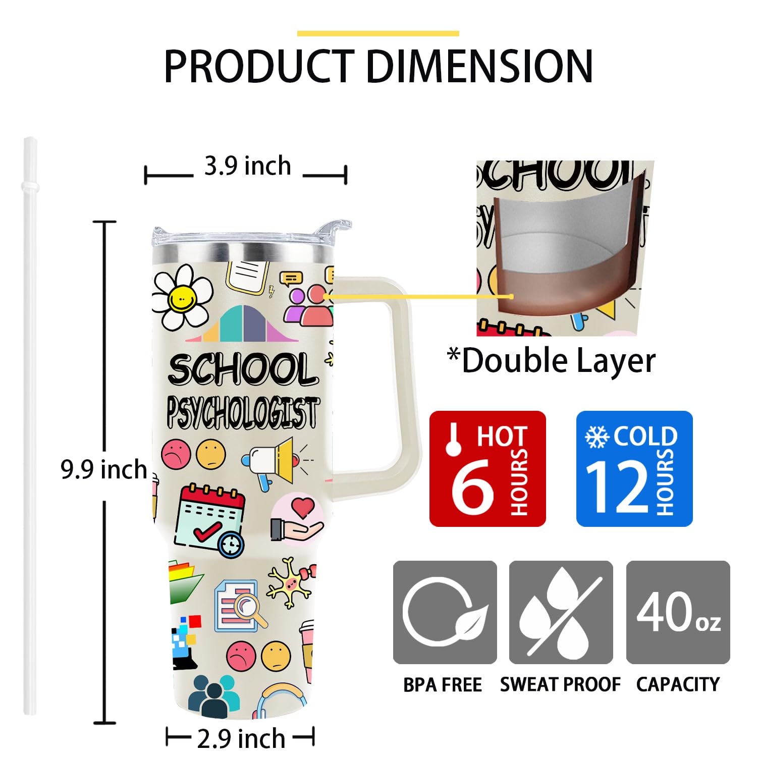School Psychologist Gifts Teacher Gifts School Psychologist Insulated Tumbler Cup Teachers Appreciation Gift For Women Men 40 Oz Teacher Travel Mug With Straw And Handle