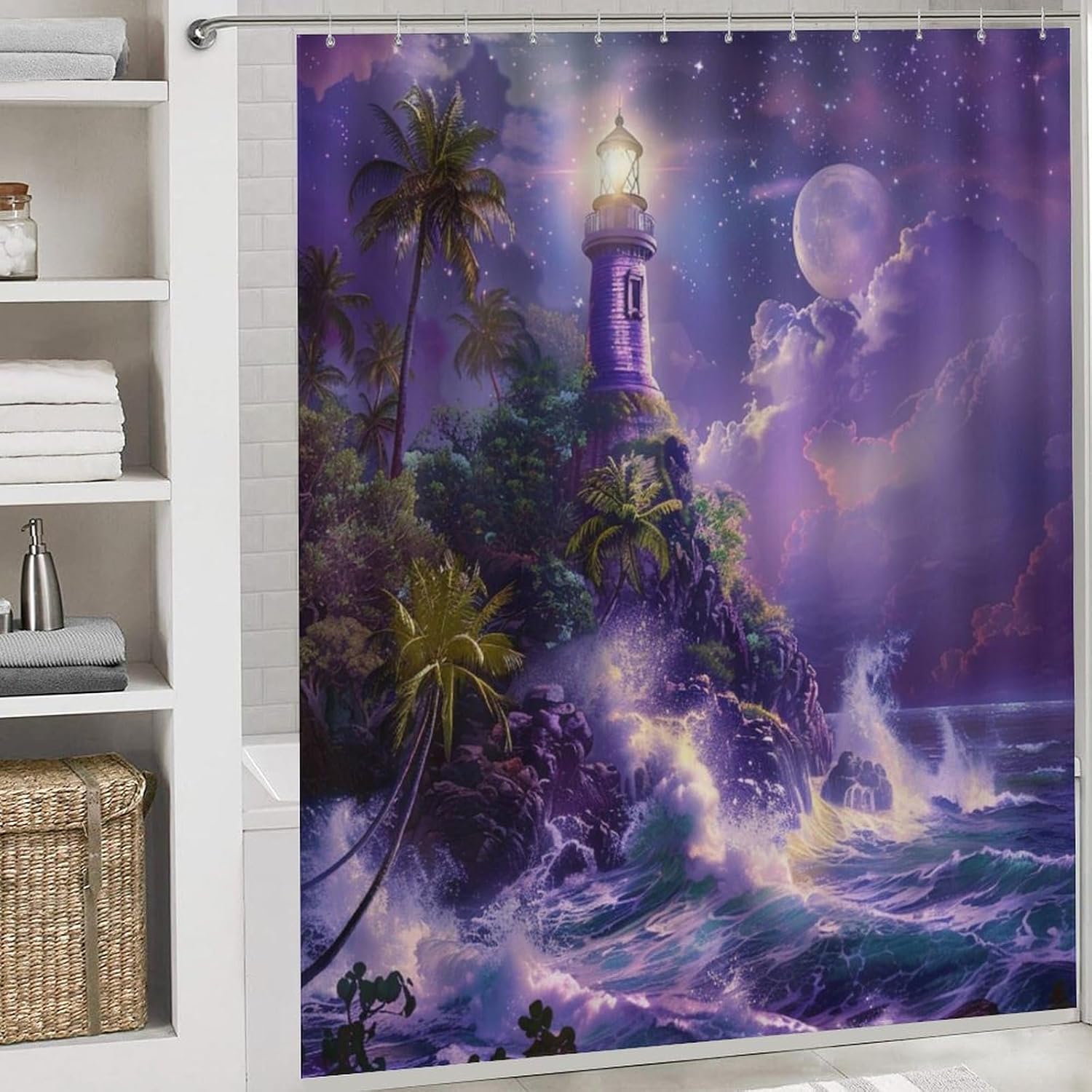 4Pcs Mystical Galaxy Lighthouse Shower Curtain Sets, Bathroom Decor Set with Rugs, Bath Mat Fantasy Starry Sky Ocean Wave Shower Curtain, 72 X 72 Inch