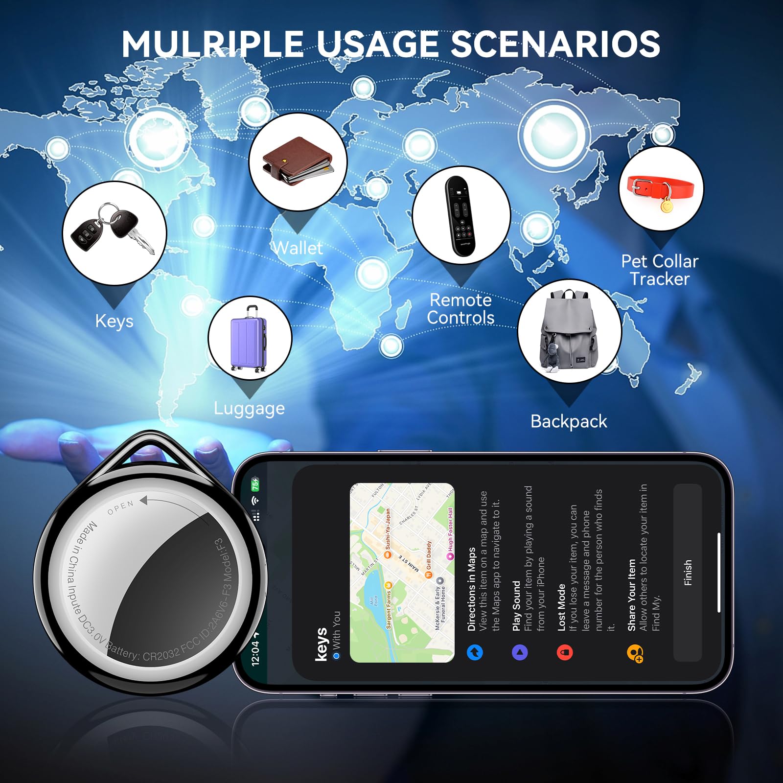 Lot de 4 traqueurs de portefeuille Bluetooth, fonctionne avec l'application Apple Find My (iOS uniquement), détecteur d'objets étanche IP67 avec batterie remplaçable et alarme puissante pour clés