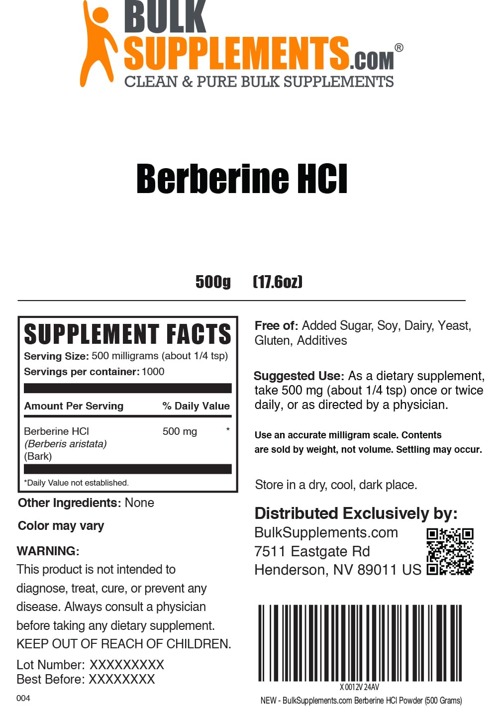 BulkSupplements.com Berberine HCl Powder - Berberine Supplement, Berberine 500mg, Berberine Powder - Gluten Free, 500mg per Serving, 500g (1.1 lbs) (Pack of 1)