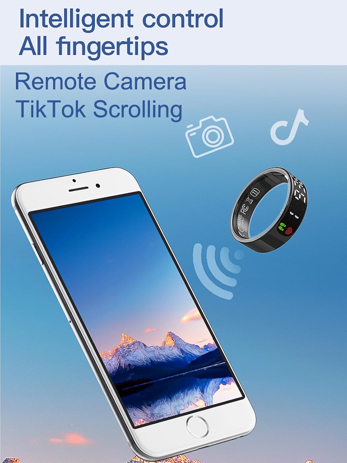 A smartphone and the Smart Ring floating in the air, with icons representing remote camera and TikTok scrolling, indicating gesture control functionality.