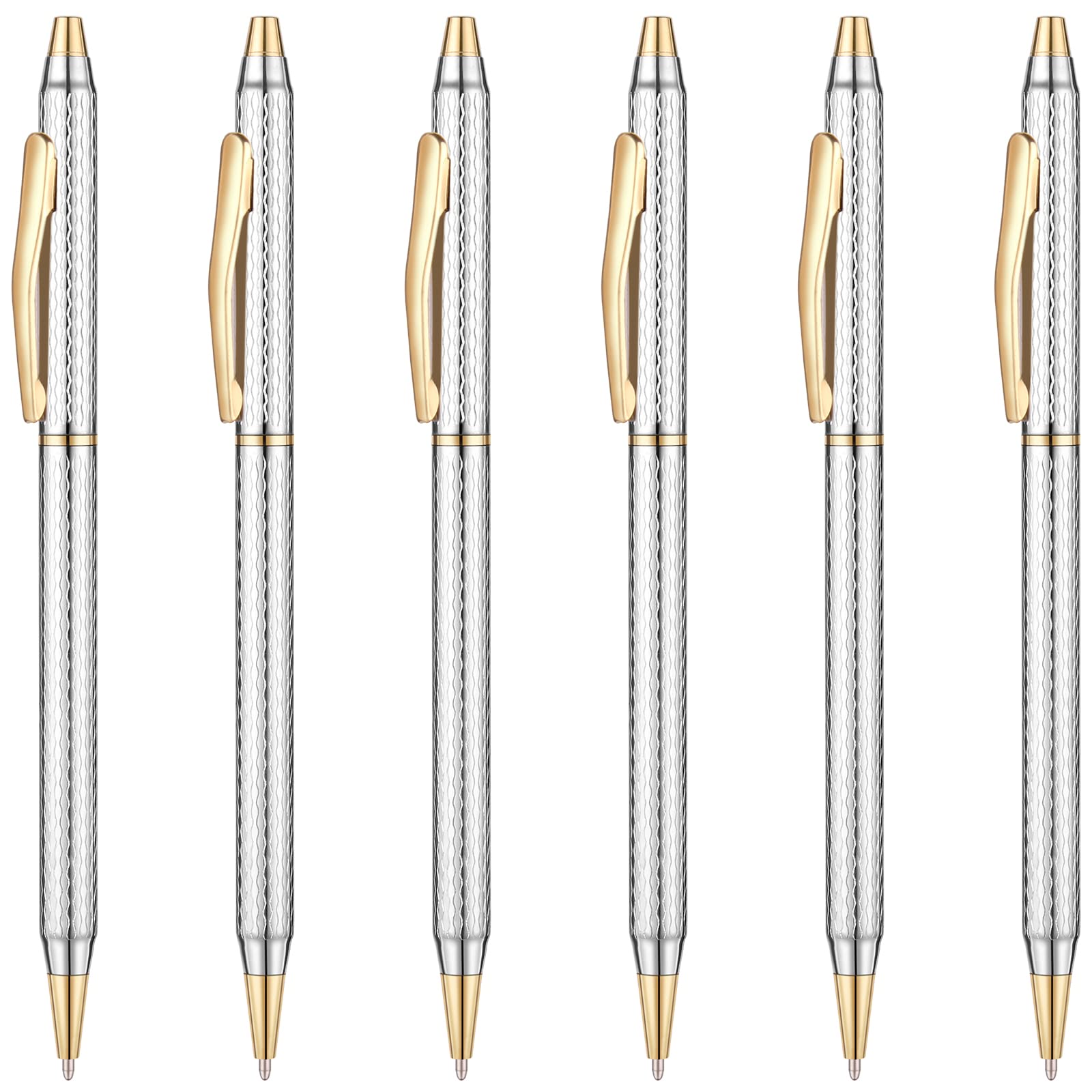 Slim Metallic Retractable Ballpoint Pens - Carved Chrome & Gold, Nice Gift for Business Office Students Teachers Wedding Christmas, Medium Point(1 mm) 6 Pack-Black ink