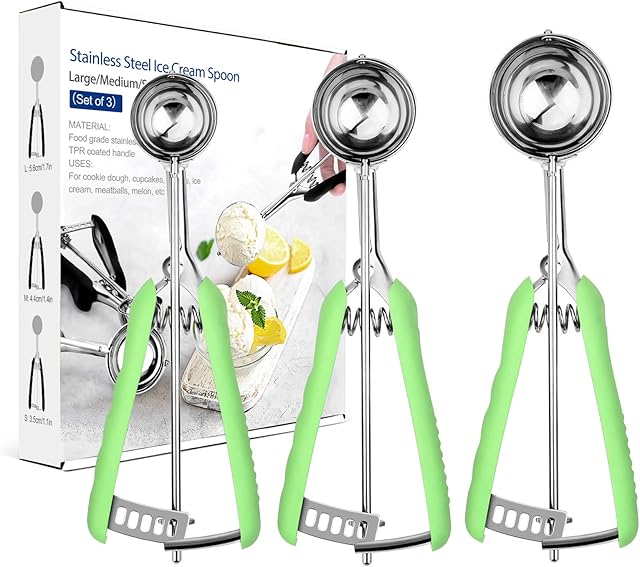 Tarnel Set of 3 Ice Cream Scoops 304 Stainless Steel for Ice Cream Melon Meatballs Cake Dough Cookies Biscuit Dough Rice 3 Sizes Ice Cream Scoop