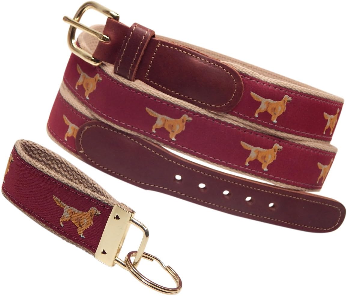 Preston Leather Classic Ribbon Belt, Golden Retriever, Maroon, Khaki, Sizes 30 to 50, Free Matching Key Ring (Size 36)