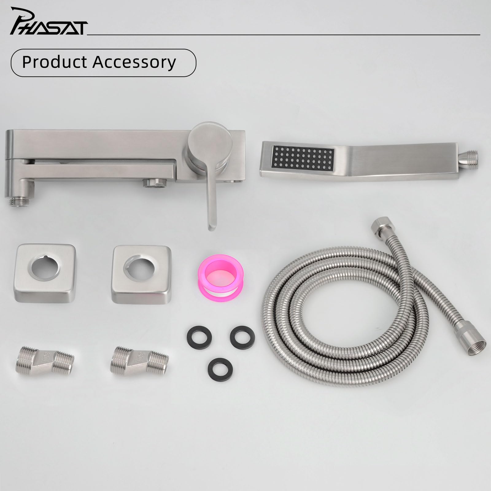 PHASAT Rubinetti per Vasca con Doccetta, Miscelatore per Doccia per Bagno, Rubinetto a Parete Bagno Bocca girevole a 90 °, Nichel Spazzolato PTBL17E