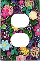 Vista 111 de Cubierta de interruptor de luz de 3 cuadrillas con diseño de flores azules púrpuras, cubierta de placa de pared de triple palanca, arbustos florales