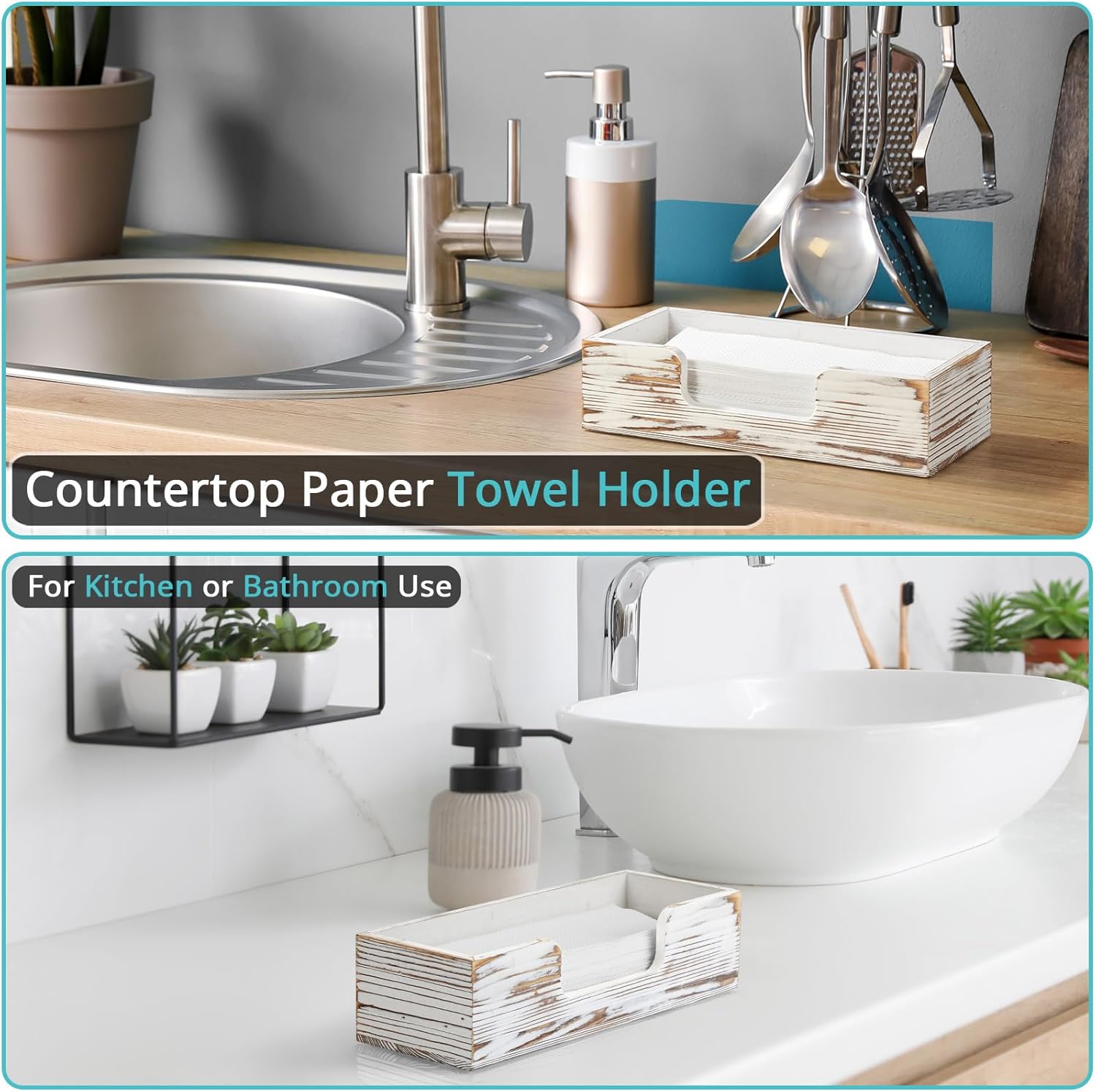 Paper Towel Dispenser Countertop, Retro White Wood Bathroom Paper Towel Holder, Black Napkin Holder for Kitchen, Countertop Multifold C-Fold, Z-Fold, Trifold Paper Hand Towel Dispenser for Toilet