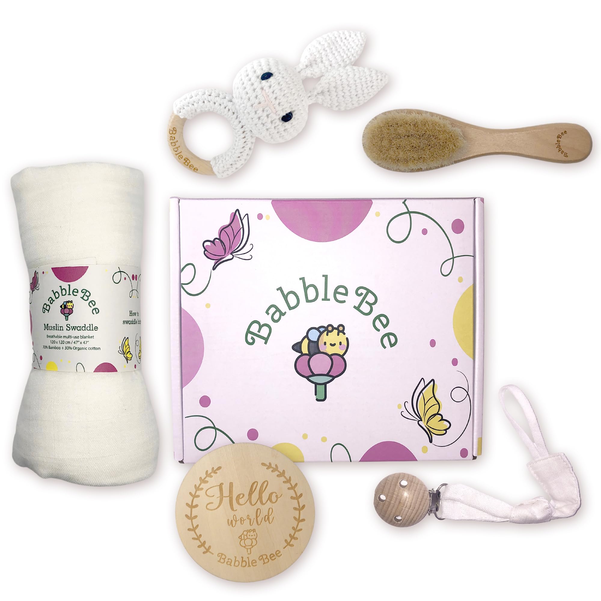 BabbleBee, Set Regalo Bebe Recien Nacido, Pack Regalo Bebe con, Muselina + Sonajero Crochet + Porta Chupetes + Cepillo + Tarjeta (Conejo Blanco)