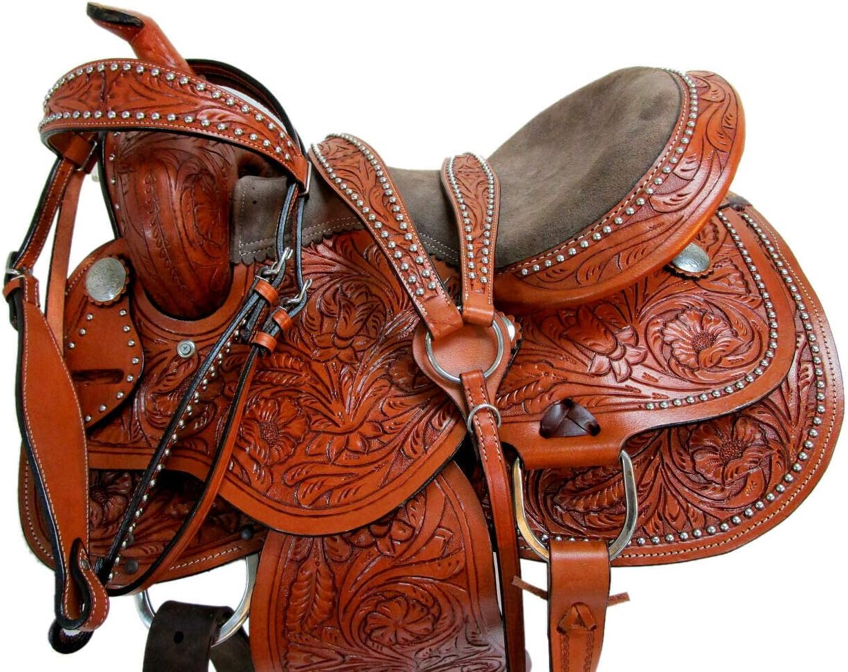 Barrel Horse Saddle Western Racing Handmade Premium Leather Comfort Riding Trail Equestrian Tooled Carved Get Matching Headstall, Breast Collar & Reins Size: 10-18 inches, MO-UMC-121