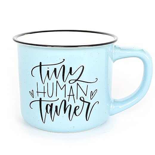 June & Lucy Teacher Mug with Stylish Gift Box - Tiny Human Tamer Novelty Gifts for Teacher Appreciation Coffee Mugs for Teacher Gift - Teal Mug with Lettering- 15 oz Microwave and Dishwasher Safe