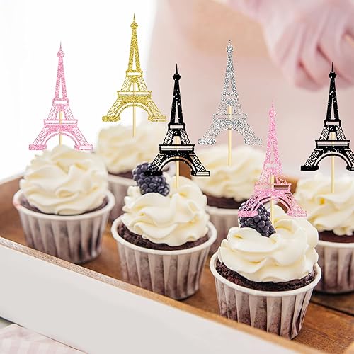 Miniatura 4 de 24 adornos para cupcakes de la Torre Eiffel, decoración de cupcakes con purpurina de París, despedida de soltera, decoración de boda