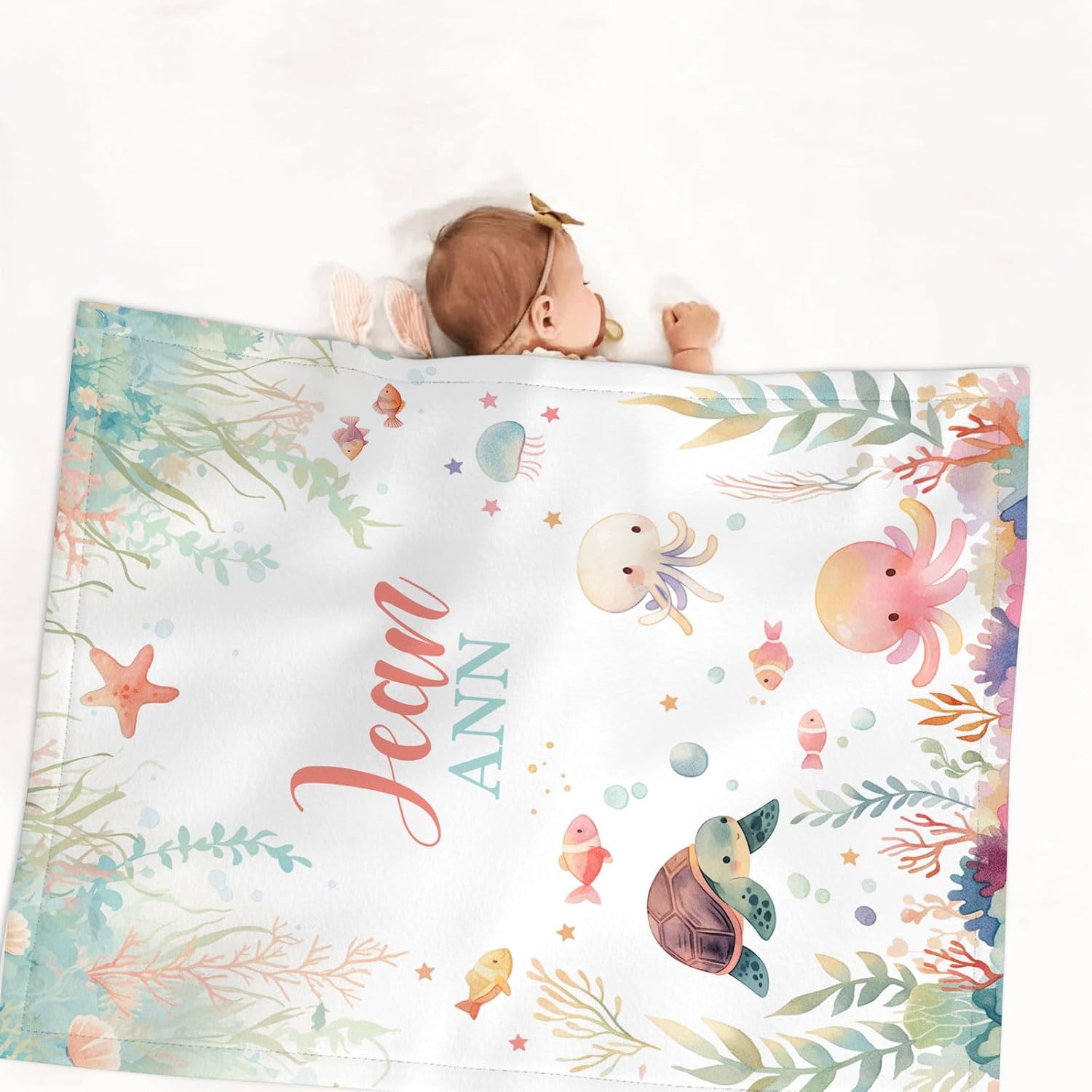 Personalized Baby Crib Bedding Sets for Boys Girls – Custom Name 3 Pcs Sea Animals Nursery Set with Soft Blanket, Fitted Sheet & Pillowcase for Newborn or Infant Gift