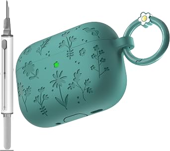 for AirPods Pro 3 Case 2025 DamonLight Floral Engraved Shockproof Protective Soft Silicone Case Cover with Cleaning Pen and Floral Keychain for Apple Airpods Pro 3rd Generation Forest Green
