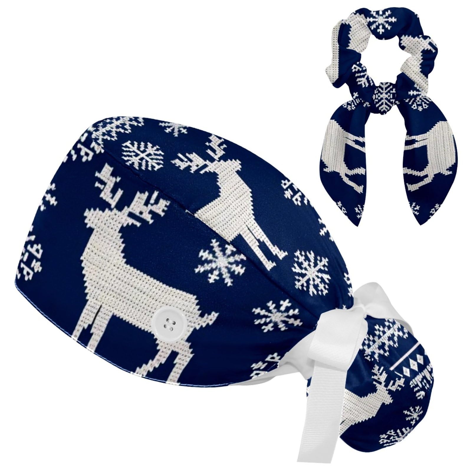 Adjustable Winter Blue Snowflake Surgical Scrub Cap with Button, Ponytail Pouch, Sweatband for Women with Bow Hair Scrunchy