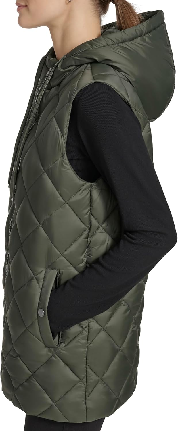 Andrew Marc Women's Quilted Design Tunic Length Hooded Vest