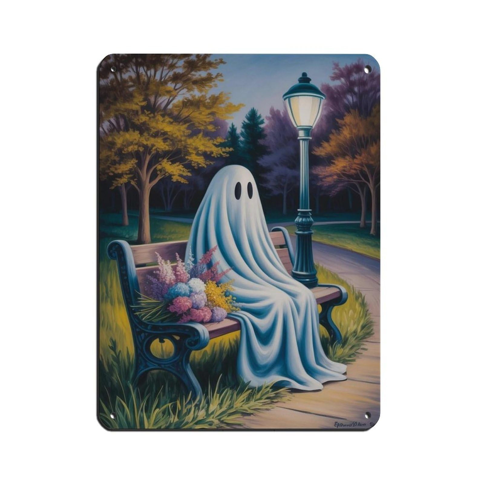 Ghost with Flowers on The Bench Poster Tin Sign Vintage Metal Pub Club Cafe Bar Home Wall Art Decoration Poster Retro 12x16inch(30x40cm)