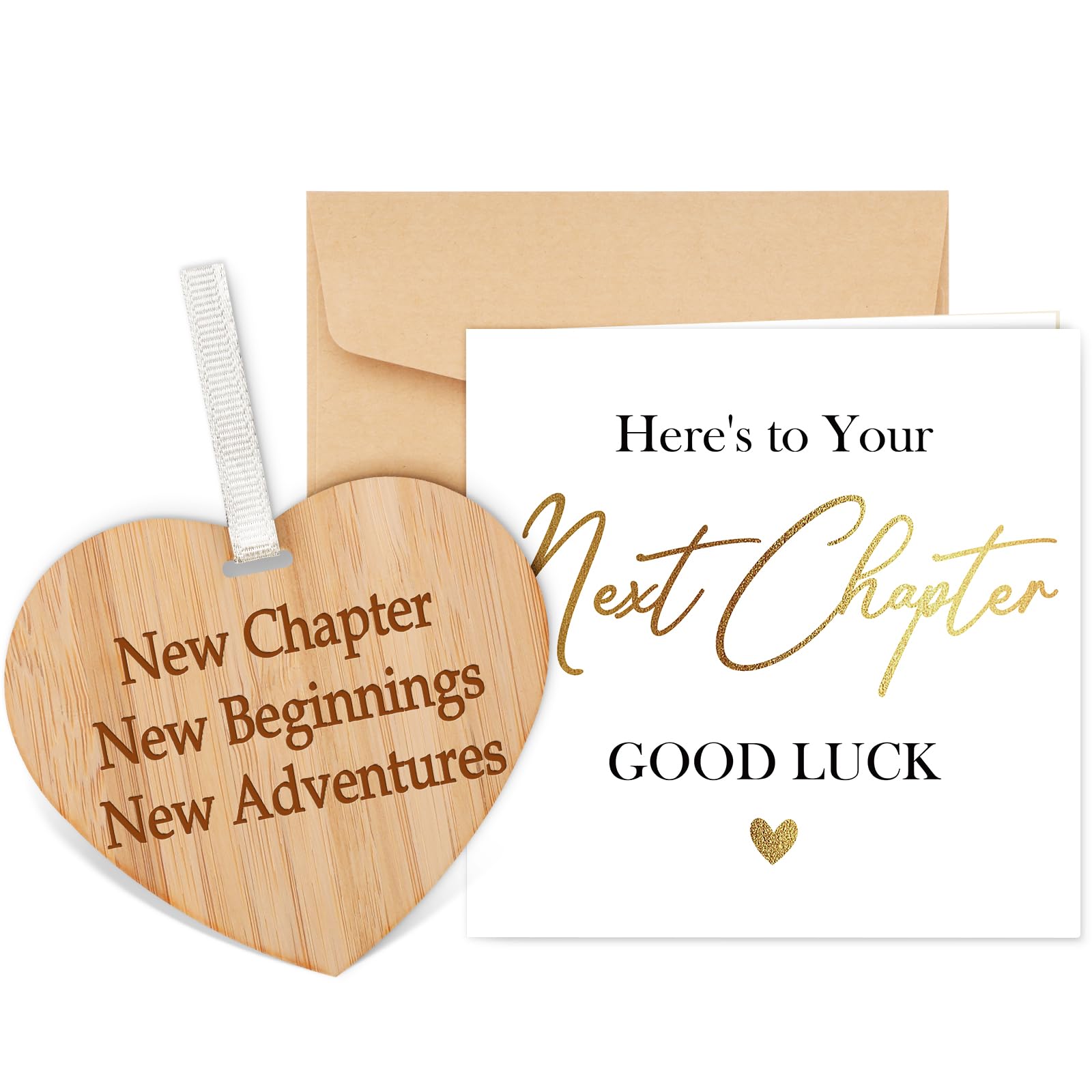 TheGiffter Congratulations Next Chapter Card with Wooden Heart Plaque, Leaving Card with Envelope, Good Luck New Job New Home Card for Men and Women