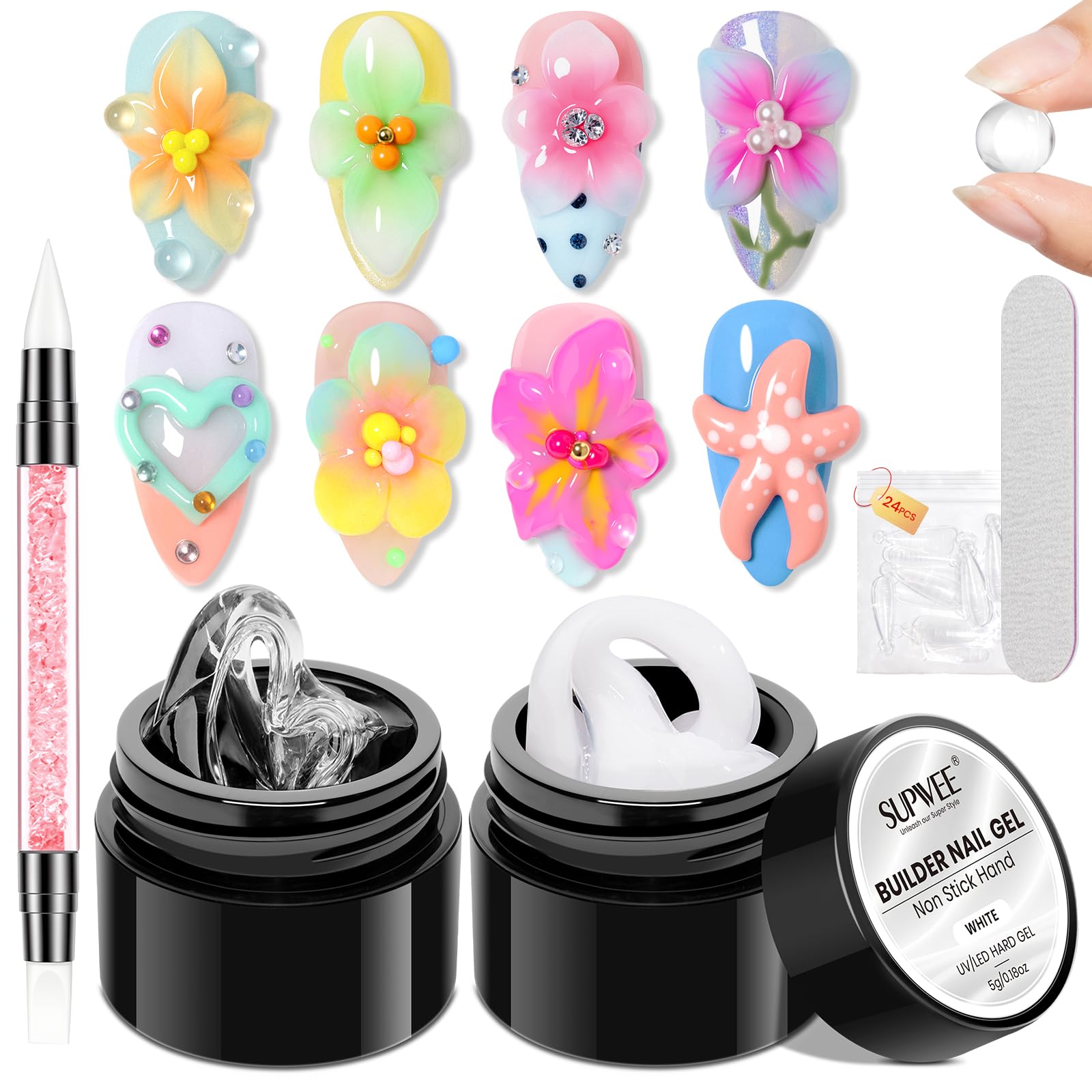 SUPWEE Solid Builder żel przezroczysty biały, nieprzywierający żel 3D Nail Extension 5 g | Żel 3D Nail Art z silikonowym pisakiem i kształtem do paznokci, tłoczenie wzorów do manicure domowego DIY