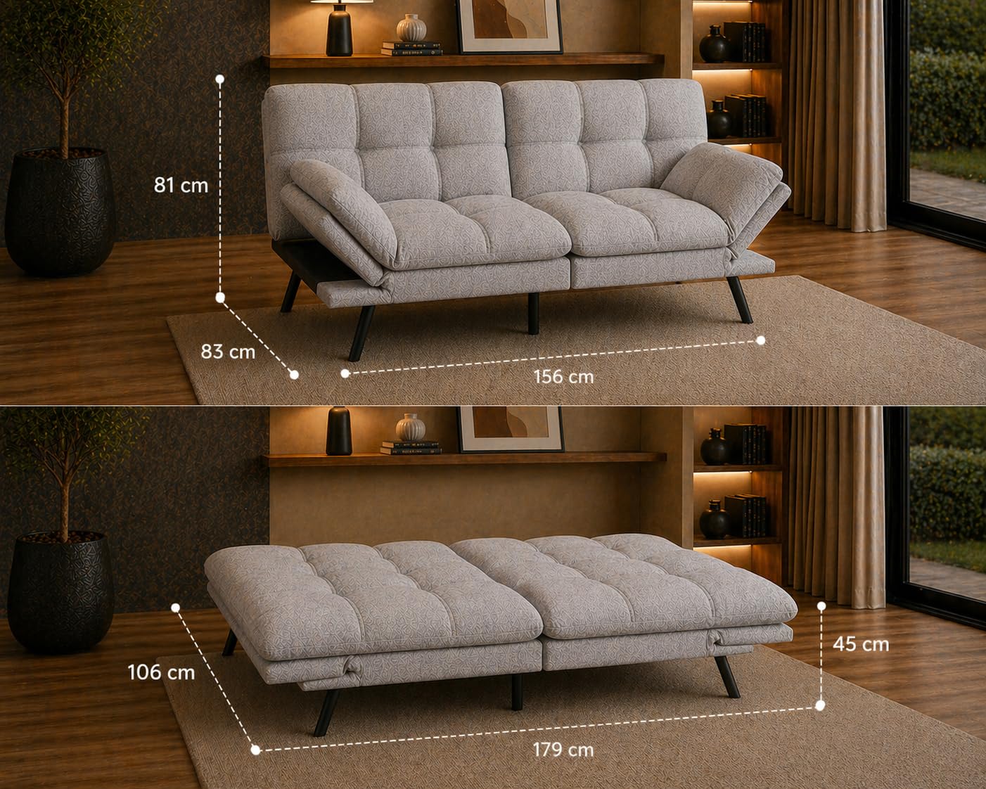 Schlafsofa 3-Sitzer Schlafcouch Paul 3in1 mit Schlaffunktion - verstellbare Armlehnen Rückenlehne Couch Sofa Liegefläche bis 273kg - Klappsofa Bettsofa Gästebett Bett Wohnzimmer (Grau)