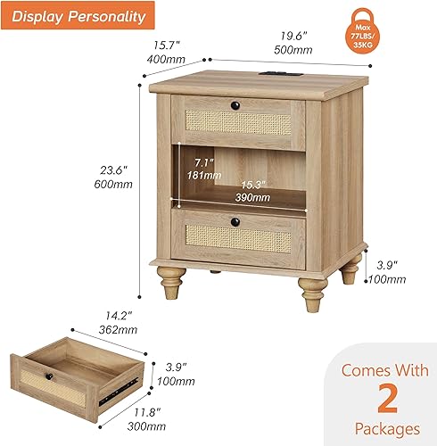 Miniatura 40 de WAMPAT Mesita de noche de ratán con estación de carga, mesa auxiliar de madera clara con 2 cajones para sala de estar, mesita de noche rústica para