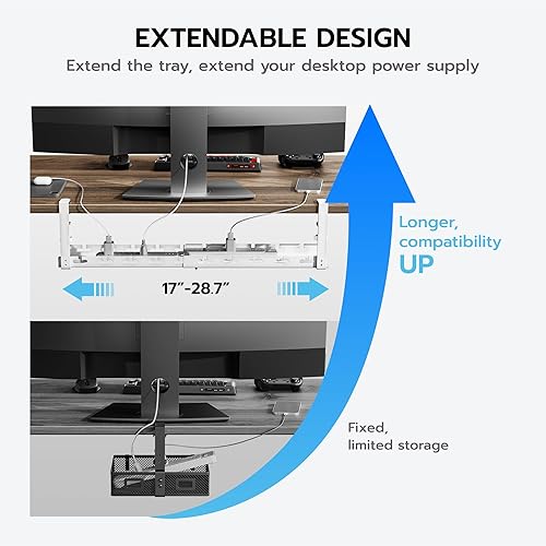 Miniatura 3 de ARES WING Bandeja extensible de 17 a 28.7 pulgadas para organizar cables debajo del escritorio con ranuras para cables, organizador de cables con