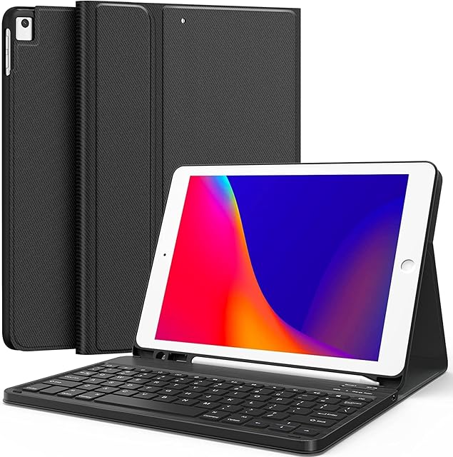 CHESONA Keyboard Case for iPad 9th Generation (2021)/8th Gen/7th Gen 10.2 Inch, Detachable Wireless with Pencil Holder Stand Folio Keyboard Cover New , Black