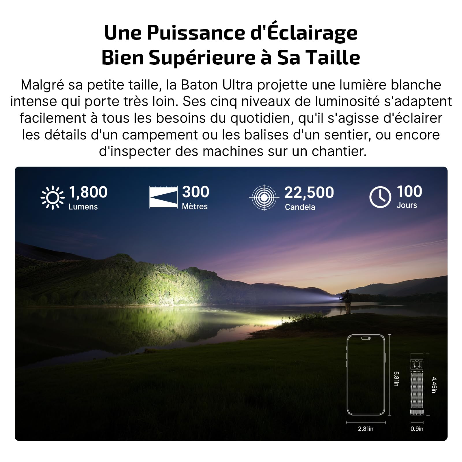 OLIGHT Baton Ultra Lampe Torche Rechargeable EDC, 1800 Lumens, Portée 300m, LED EIP 1, Superalliage OAL, Etanche IPX8, Double Interrupteur, pour Exploration Extérieure Travail Urgences, Vert Olive