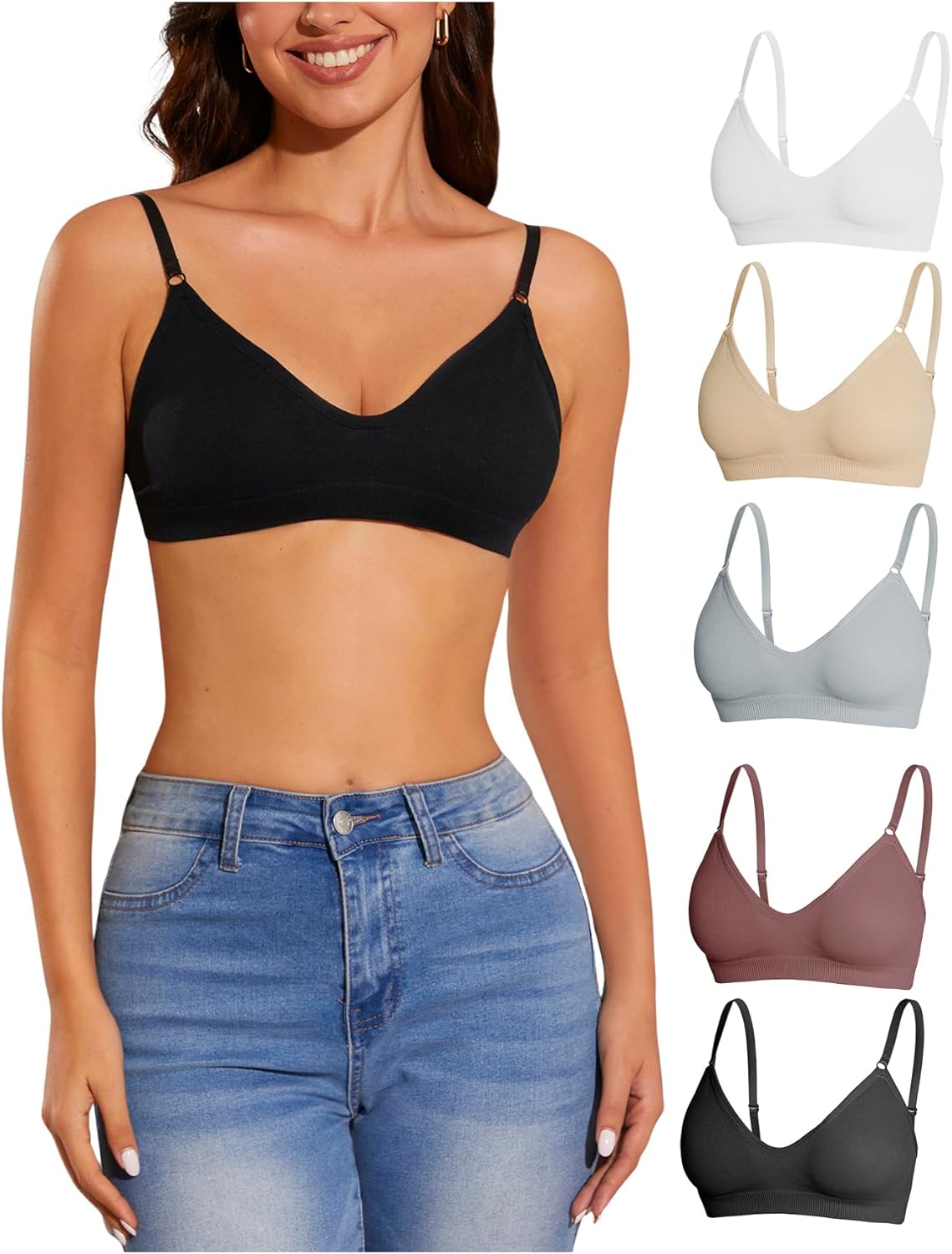 OYOANGLE Women's 5 Pieces Rib Knit Spaghetti Strap V Neck Wireless Bra Set Seamless Solid Plain No Padded Bralette