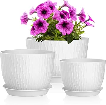 QRRICA Plant Pots 12/10/9 Inch Pots, Set of 3 Plastic Planters with Drainage Holes and Saucers,Plastic Flower Pots,Nursery Planting Pot for Indoor Out Door PlantsWhite