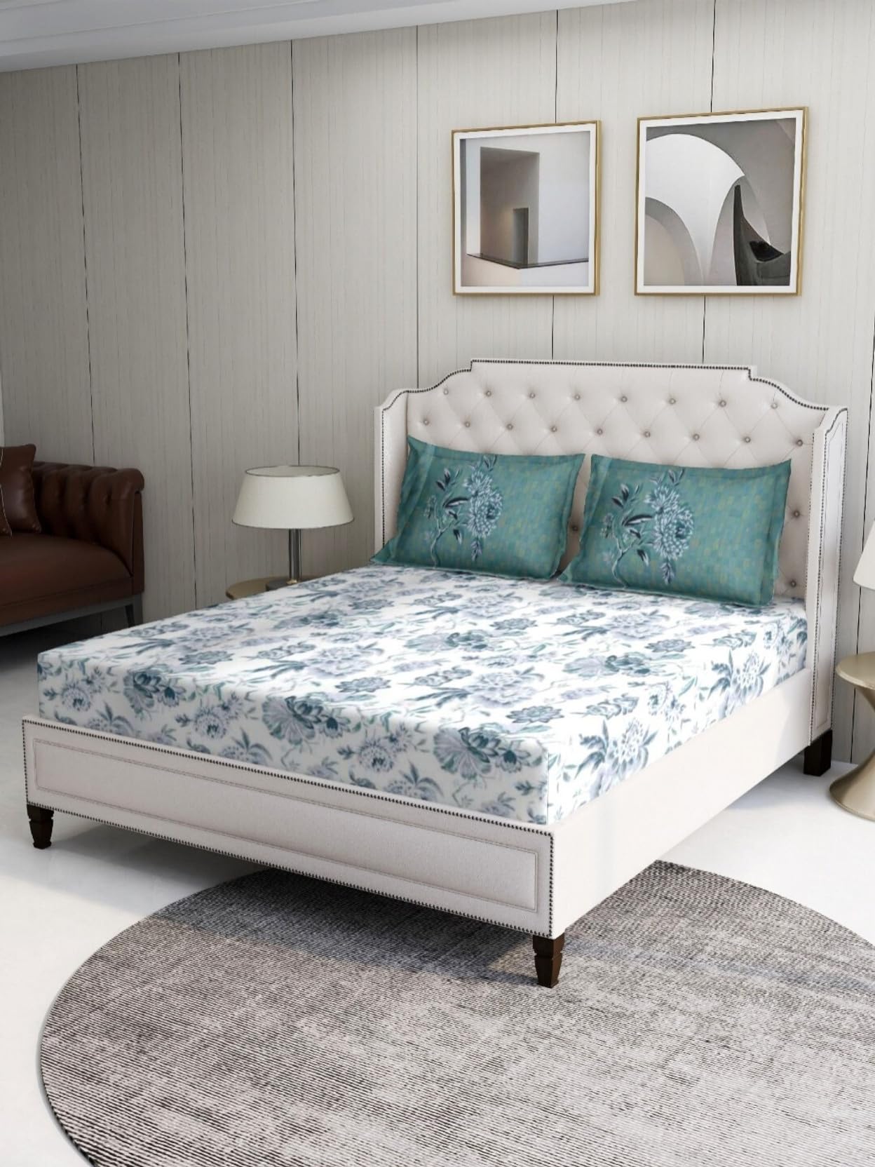 Bombay Dyeing Bohmian Tropical 300 TC 100% Cotton White & Sea Green Super King Size Bedsheet with 2 Pillow Covers-image-33
