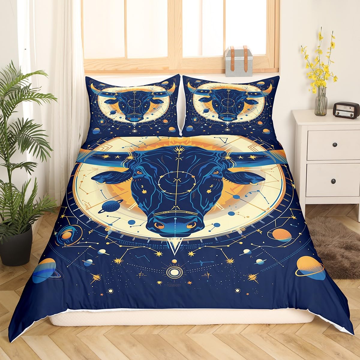 Manfei Taurus Duvet Cover,Starry Galaxy Planets Golden Blue Duvet Cover for Kids Boys Girls Teens,Constellations Astrology Zodiac Boho Glitter Bedroom Decor Comforter Cover(No Filler) Full