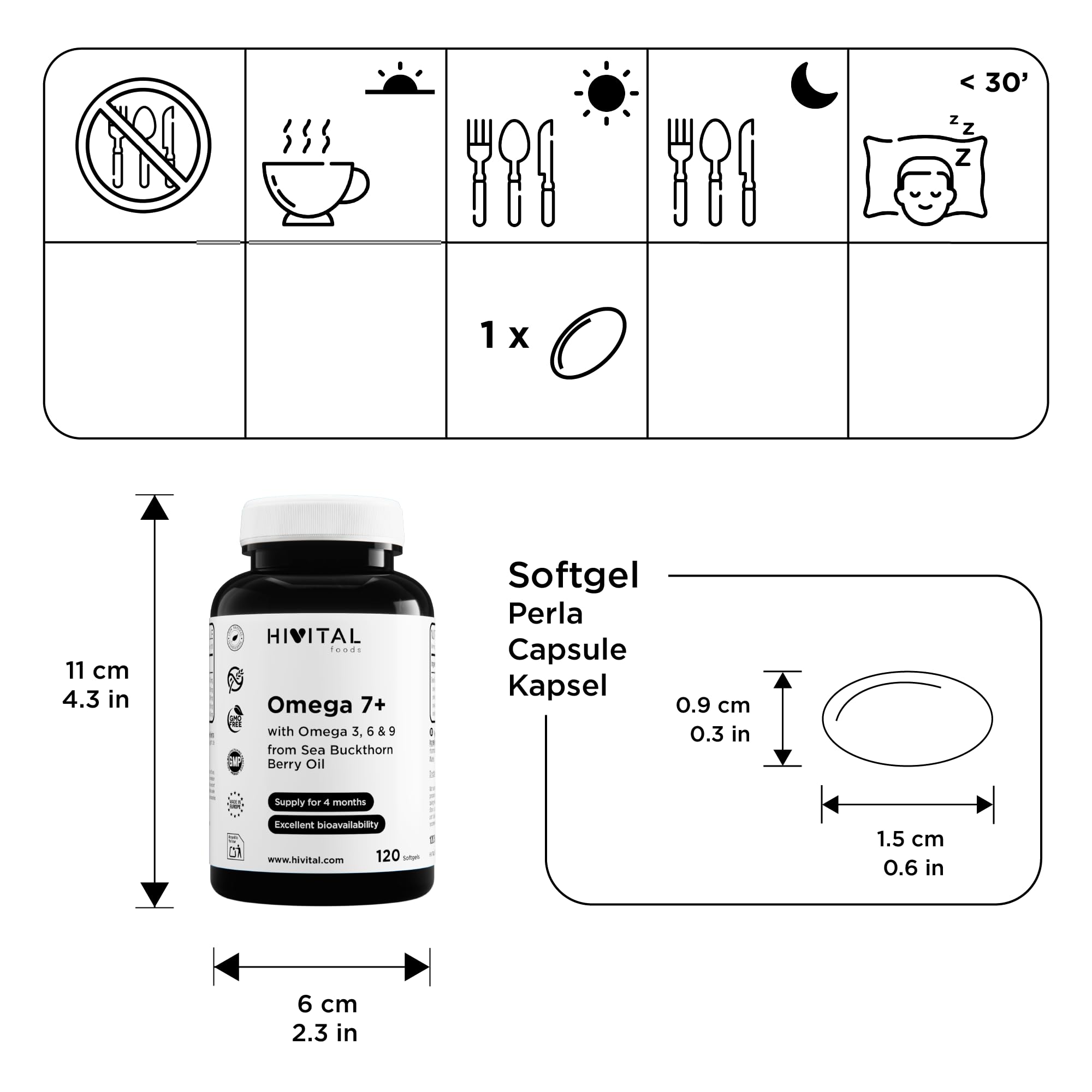 Oméga 7 Argousier 500 mg. 120 capsules pour 4 mois de traitement. | Avec 150 mg d'Oméga 7 + Oméga 3, 6 et 9 de l'Huile d'Hippophae Rhamnoides. Fabriqué en Europe par HIVITAL