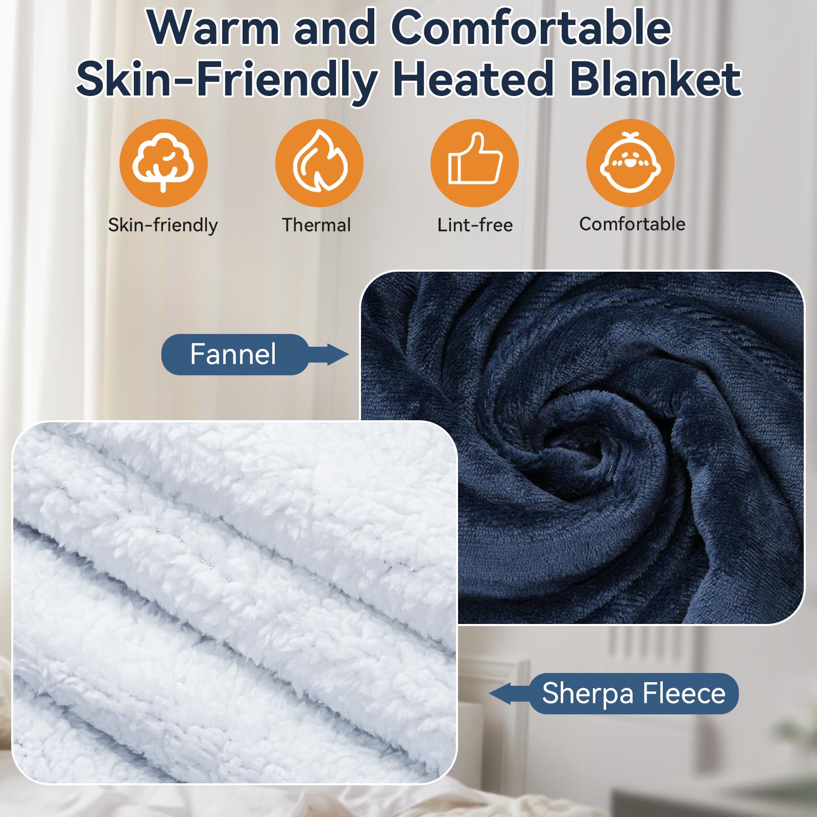 Coperta Termica 180 * 200cm Coperta Riscaldante Elettrica con 9 Livelli Di Calore e 10 Timer e Display Led Plaid Riscaldabile Termocoperta Singola e Doppie Blu Navy