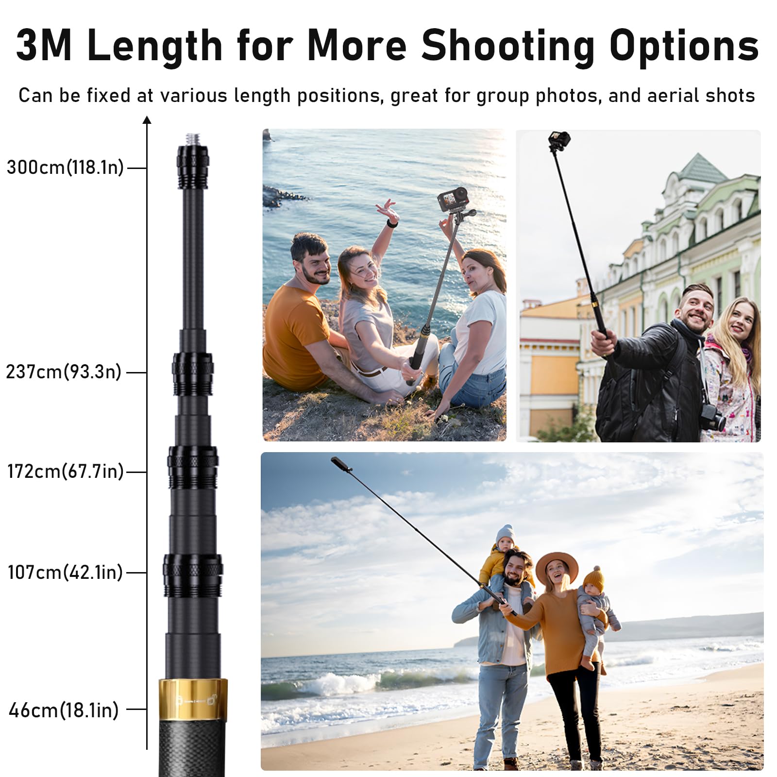 3M/300cm Unsichtbarer Selfie Stick für Insta 360 X5 X4 X3 ONE X2 DJI Osmo 360, Kohlefaser Selfie Stick Langer Selfie-Stab Einbeinstativ mit Adapter für GoPro Hero 13 12 11 10 9 Black, Gold