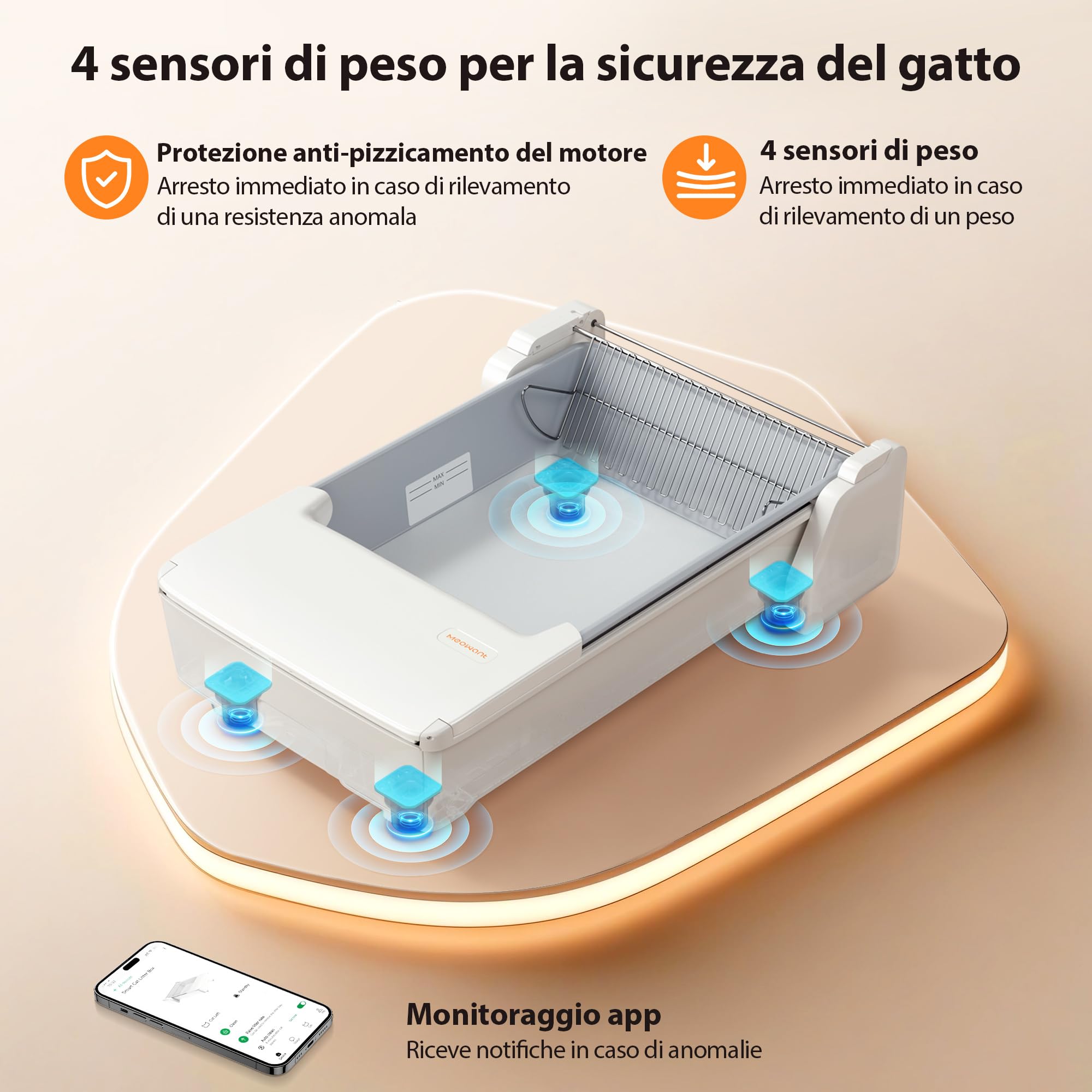 Meowant Lettiera Gatto Autopulente, Lettiera Automatica per Gatti Aperta con APP-Controllo/Anti-Odore/Sensore Sicurezza/Doppio Vano Raschiatura Bidirezionale per Multi Gatti (3-24lb)