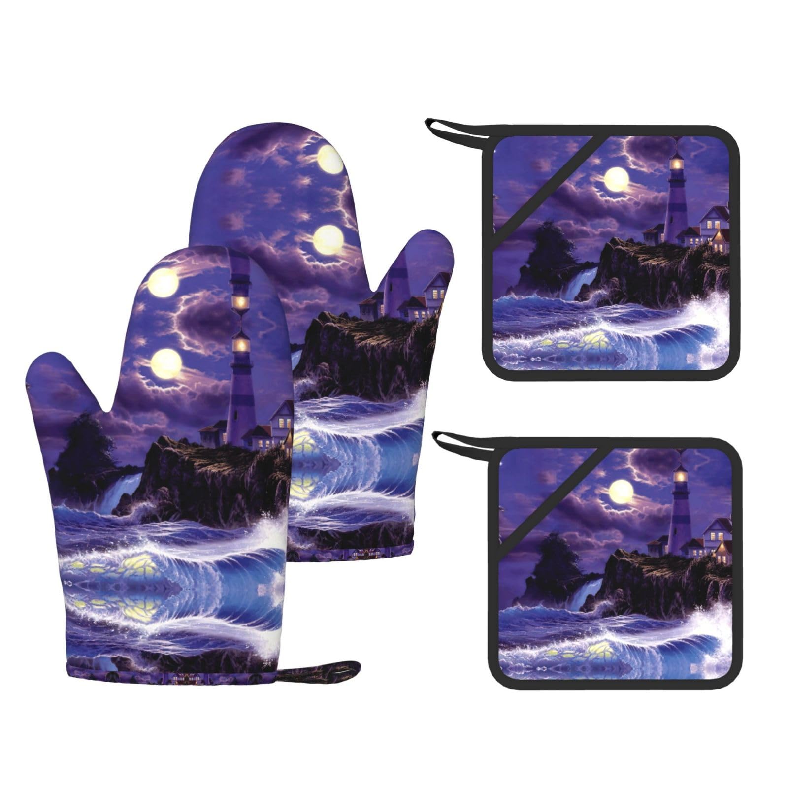 Moonlight Lighthouse Printed Pot Holders and Oven Mitts 4-Piece, Non-Slip Kitchen Gloves with Utensil Pocket for BBQ
