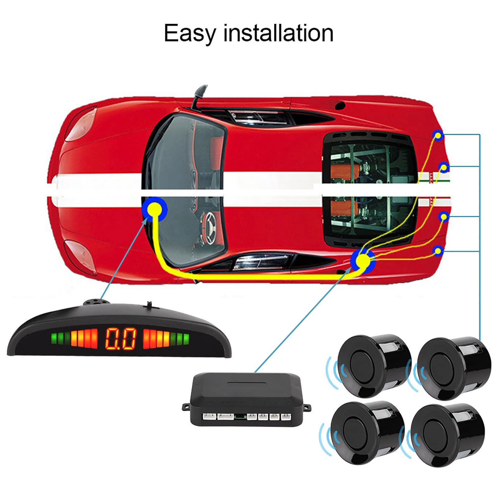 Sensor De Aparcamiento,DC 12 V 4 sensores de aparcamiento, sistema de LED de radar trasero de marcha atrás de coche, alarma de sonido para Universal