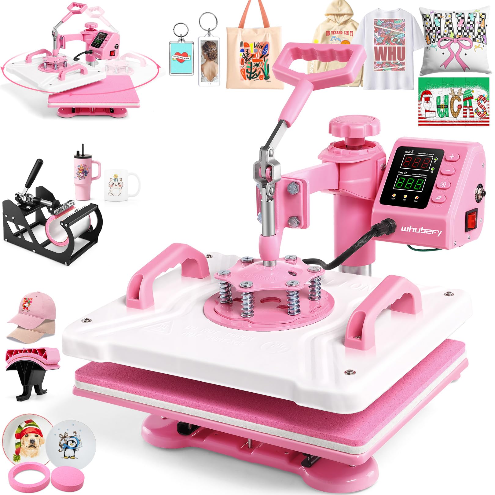 Whubefy Heat Press 12x15 inch 5 in 1 Combo with Mug Press, 360° Swing Away Digital Shirt Press Machine, Industrial-Quality Heat Transfer Sublimation for T-Shirt/Tumbler/Mug/Hat/Cap/Plate