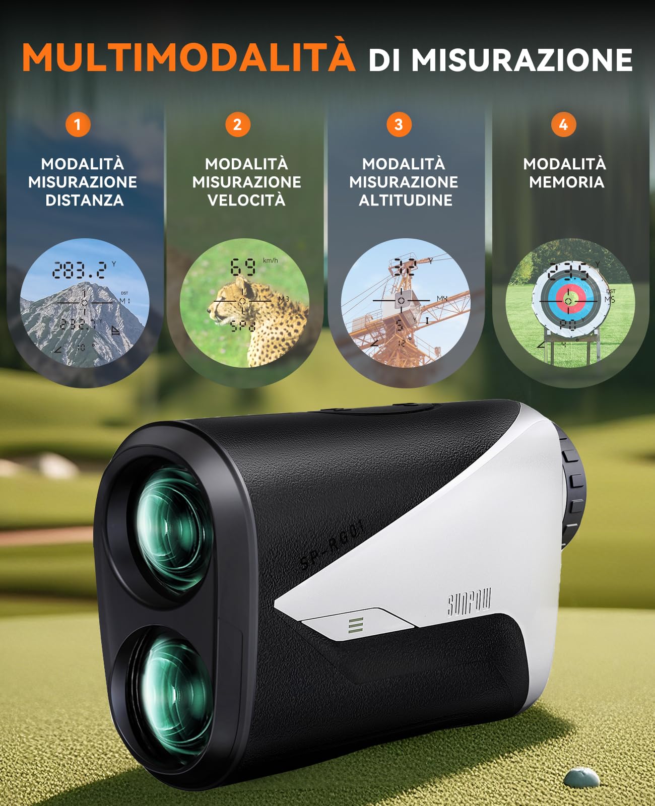 SUNPOW Telemetro Laser 7X Alta Precisione per Golf e Caccia, 1200 Iarde / 1000 Metri, con Pendenza, 5 Modalità, Blocco Asta Bandiera, Vibrazione e Batteria Ricaricabile