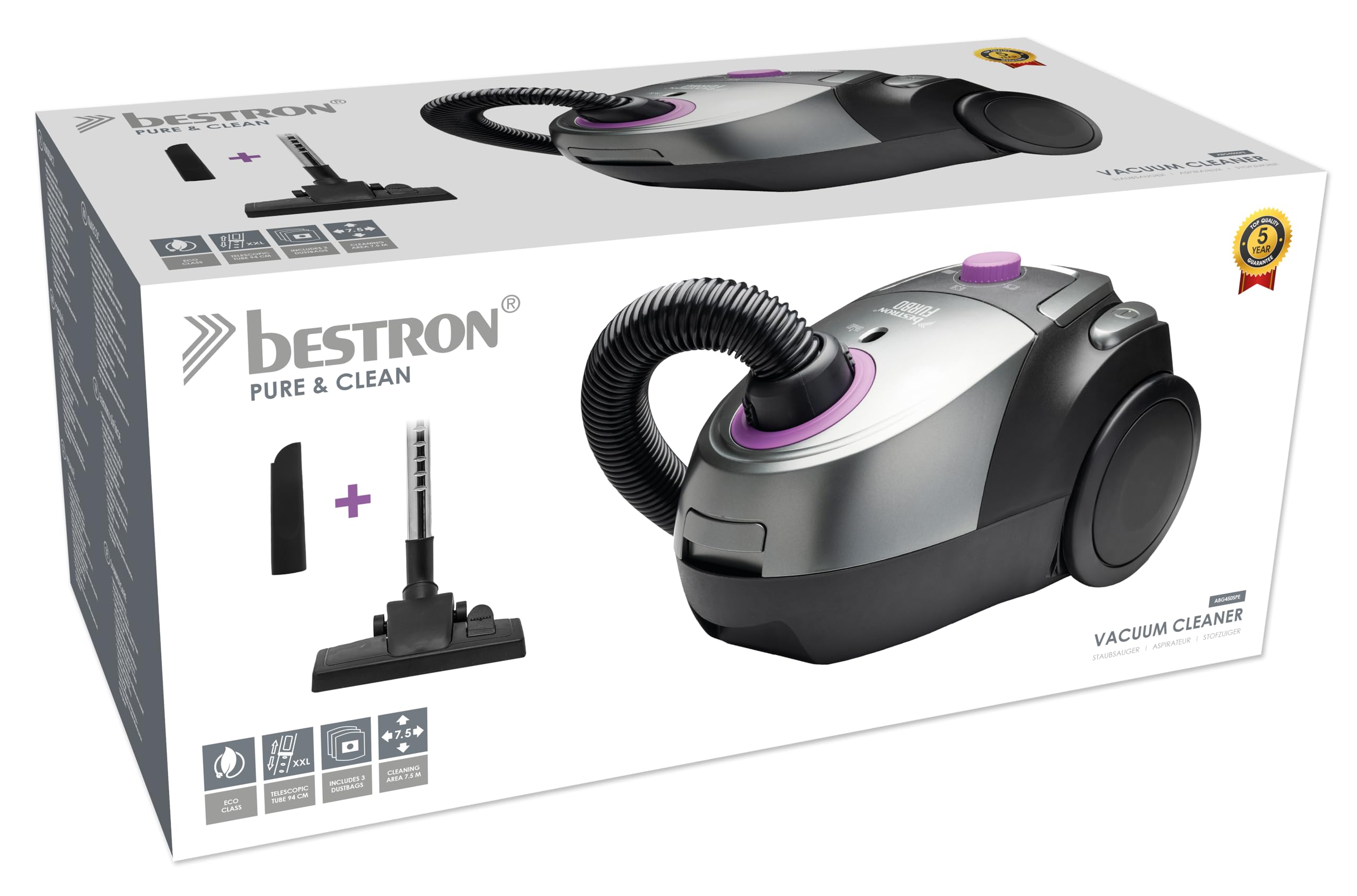 Bestron Aspirateur avec Sac, aspirateur de Sol avec 3 Sacs à poussière, Manche télescopique de 94cm et suceur de Sol commutable, Rayon d'action de 7.5m, Filtre HEPA12 et microfiltre Lavable, Violet
