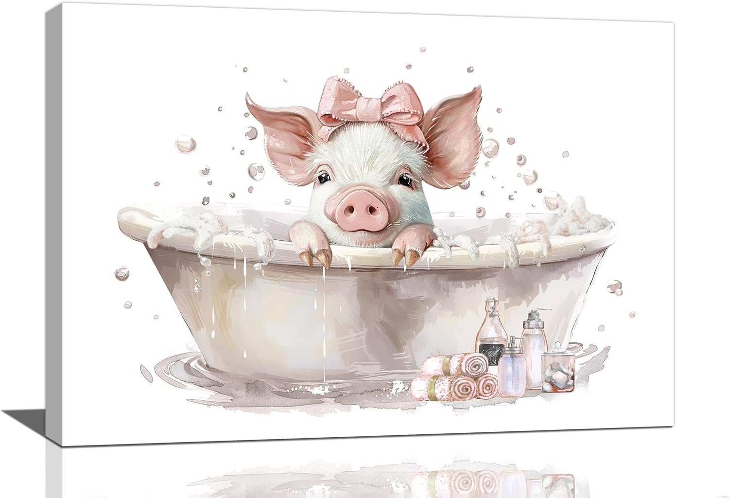 Pig Wall Art Pig in Bathtub Pictures Wall Decor Piggy Bathroom Canvas Prints Bathroom Decorations Painting Framed Artwork Office Home Decor For Toilet Laundry Washroom Restroom 24"x16"