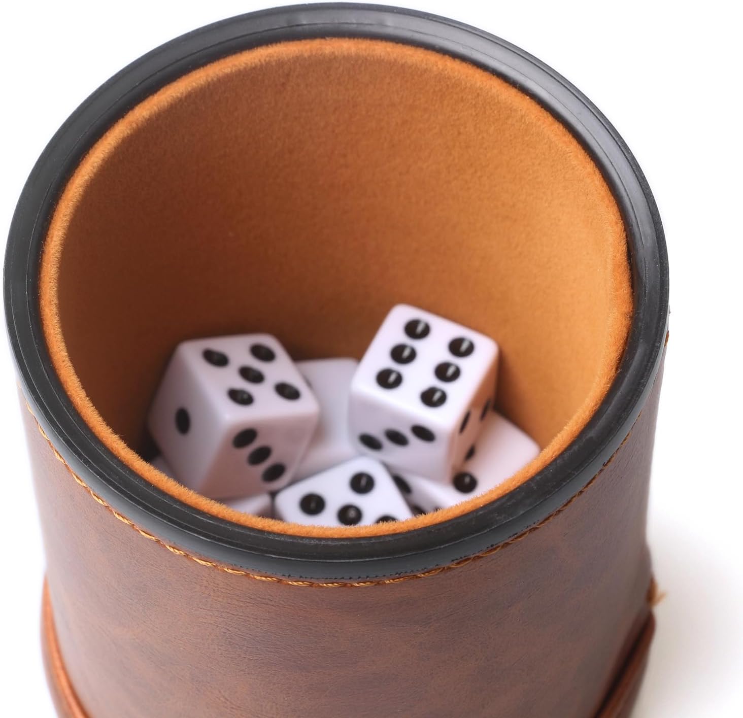 Brown PU Leather Dice Cup Set, Felt Lined Dice Shaker with 6 Dice for Liars Farkle Yahtzee Game, 2 Pack