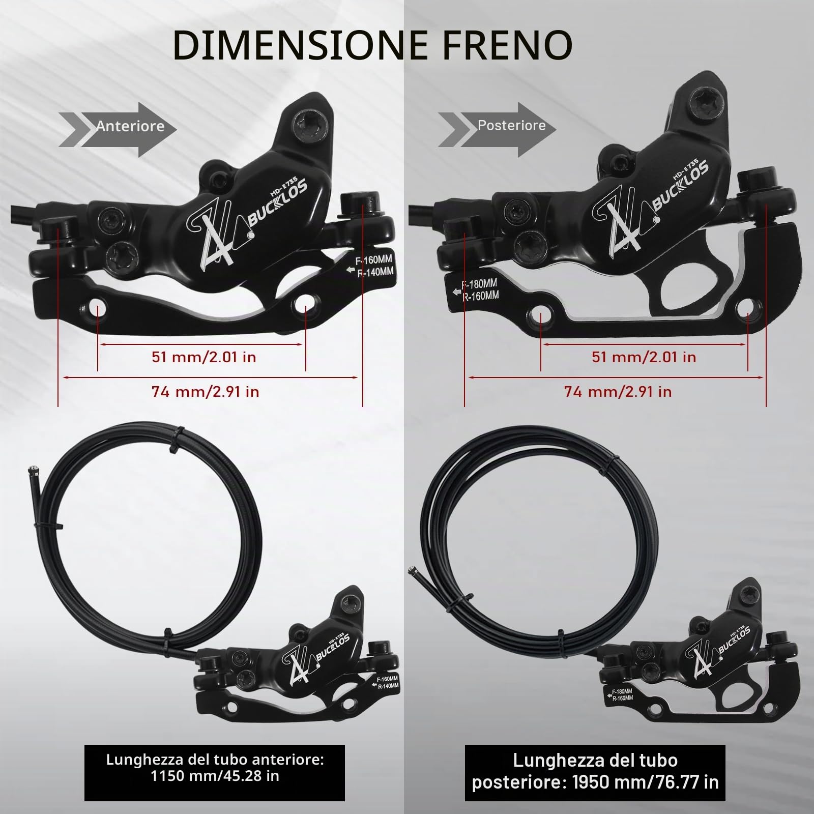 Set di freni a disco idraulici a 2 pin, 4 pistoni, parte anteriore sinistra 1150 mm, posteriore destra 1950 mm, lega di alluminio, per mountain bike, scooter, mountain bike (pre-Bled)