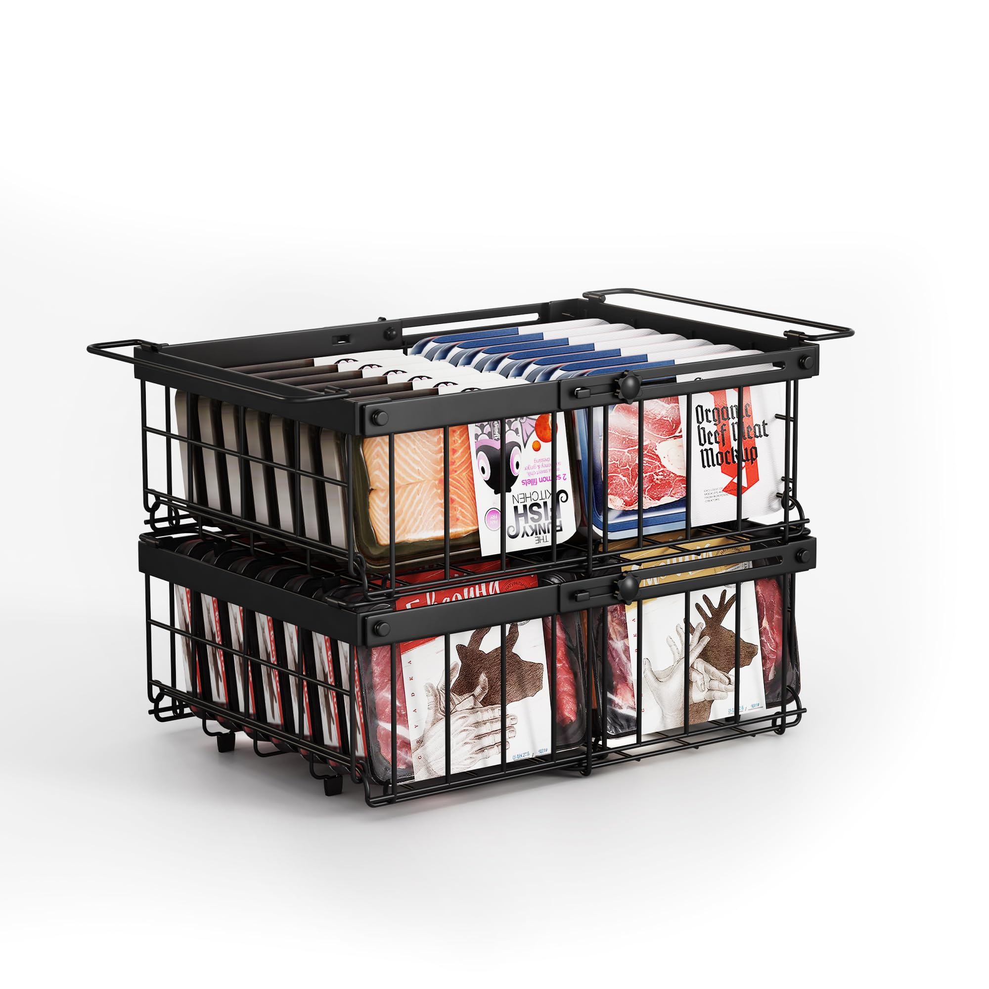 2 Pezzi organizer per congelatore,organizzare freezer pozzetto,cesto per congelatore,cesti metallo,Impilabile，Lunghezza regolabile 29-46CM，Nero