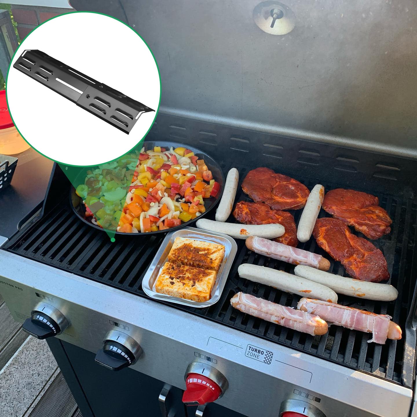 WELL GRILL Regulowana osłona palnika od 29 cm do 43 cm, rozdzielacz płomienia, szyny aromatyczne, akcesoria do Burnhard, Mayer, Campingaz, Enders i większości grilli gazowych, 6 sztuk