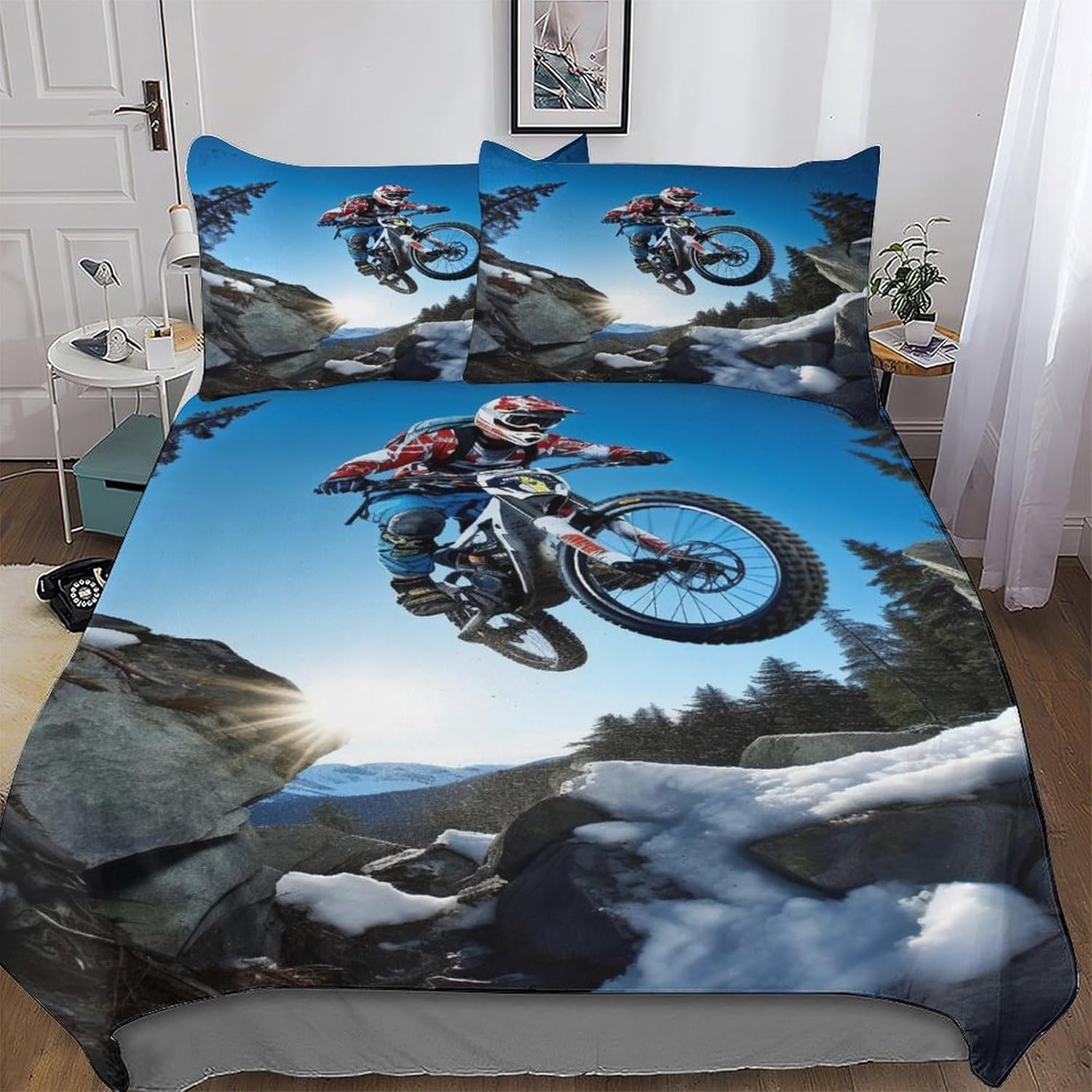 Housse de Couette 240x260 VTT Parure de Lit Douce sans Repassage Motif Cycliste