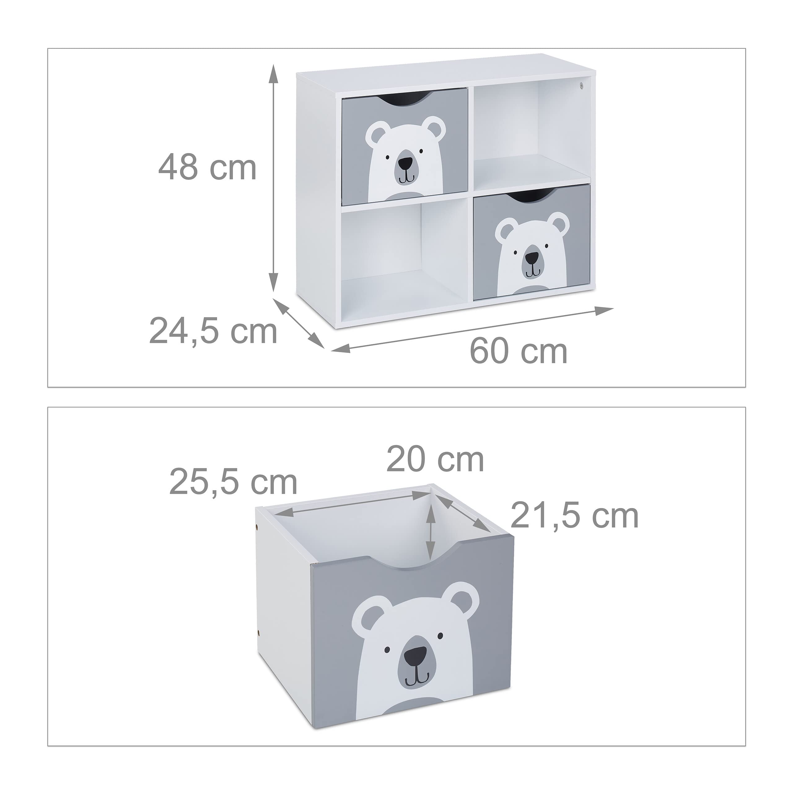 Relaxdays Scaffale per Bambini, 2 Cassetti Portagiochi, HLP: 48x60x24,5 cm, Libreria per Cameretta Giochi, Bianco Grigio
