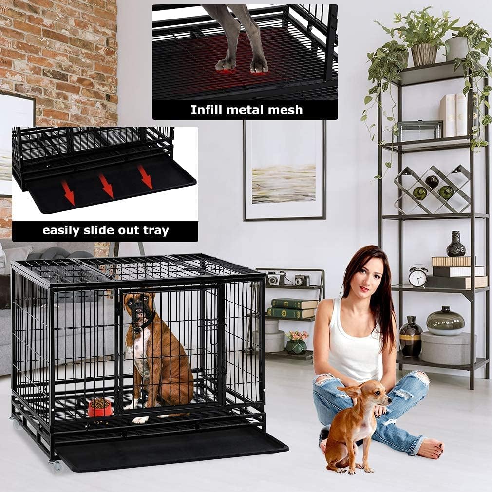 PayLessHere Dog Crate Dog Cage Dog Kennel for Large Dogs Heavy Duty 36 Inches Pet Playpen for Training Indoor Outdoor with Plastic Tray Double Doors & Locks Design