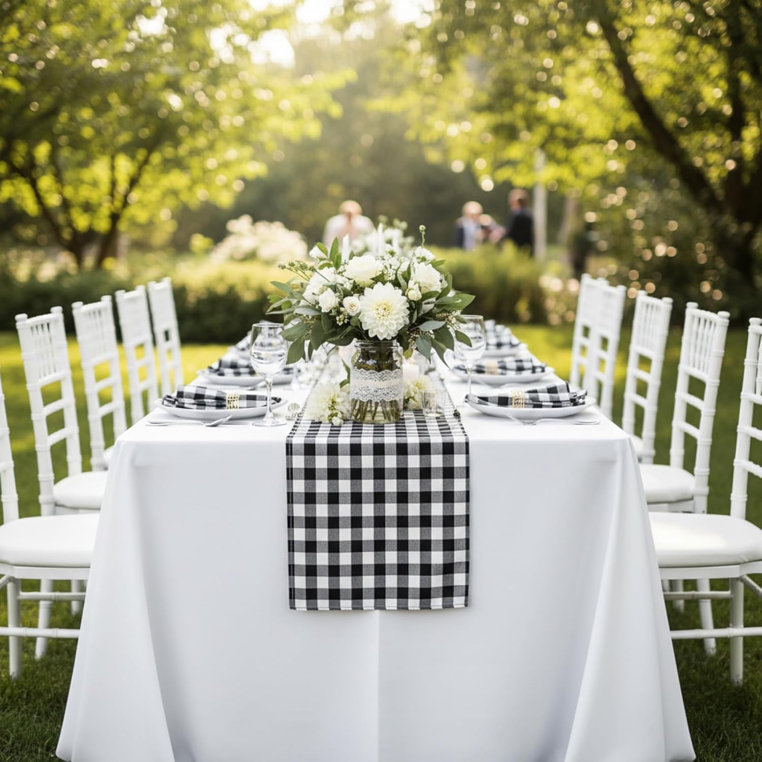 Newwiee 48 Pcs Checkered Cloth Napkin and 6 Pcs Plaid Table Runner Set, Christmas Buffalo Black and White Gingham Fabric Dinner Table Setting for Racing Car Flag Party Birthday Baby Shower Supplies