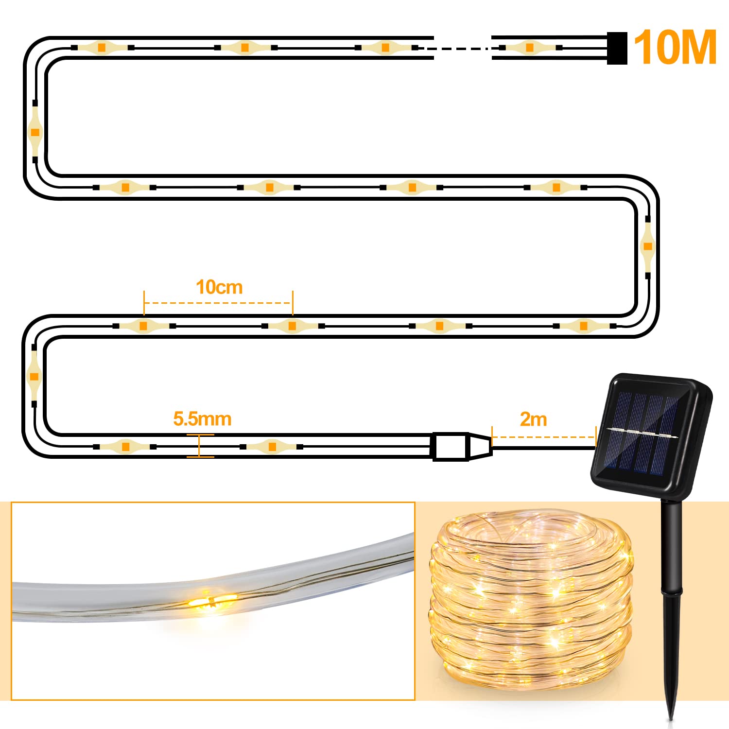 Herrselsam Solarny wąż świetlny LED, 10 m, 100 diod LED, łańcuch świetlny na zewnątrz, IP65, wodoszczelny, ciepła biel, 8 trybów pracy, łańcuch świetlny do ogrodu, na drzewo, imprezę